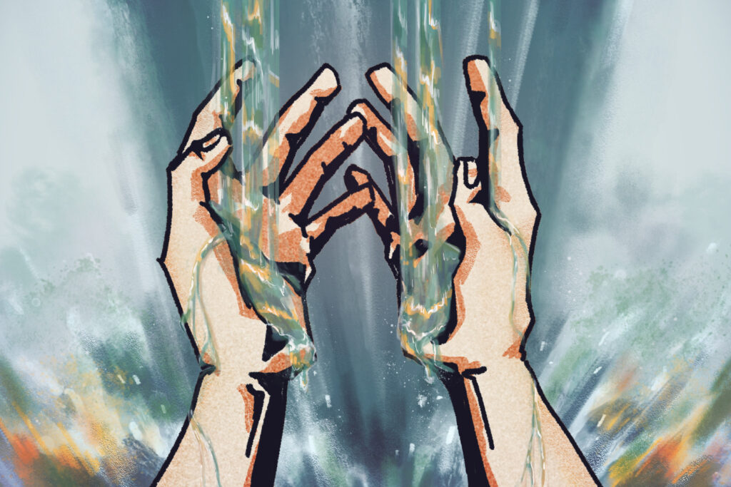 Abstract illustration from the perspective of someone running their hands through a falling gush of water
