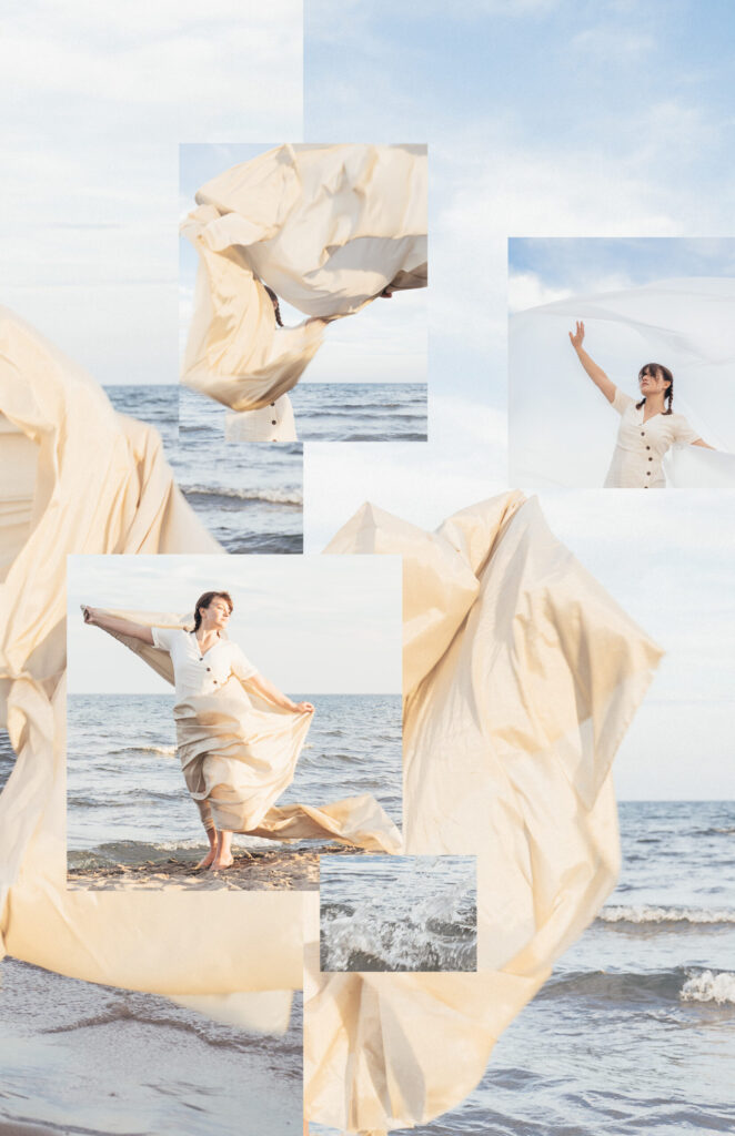 Artistic visual with arrangement of photos of person dancing while holding a sheet of sheer fabric
