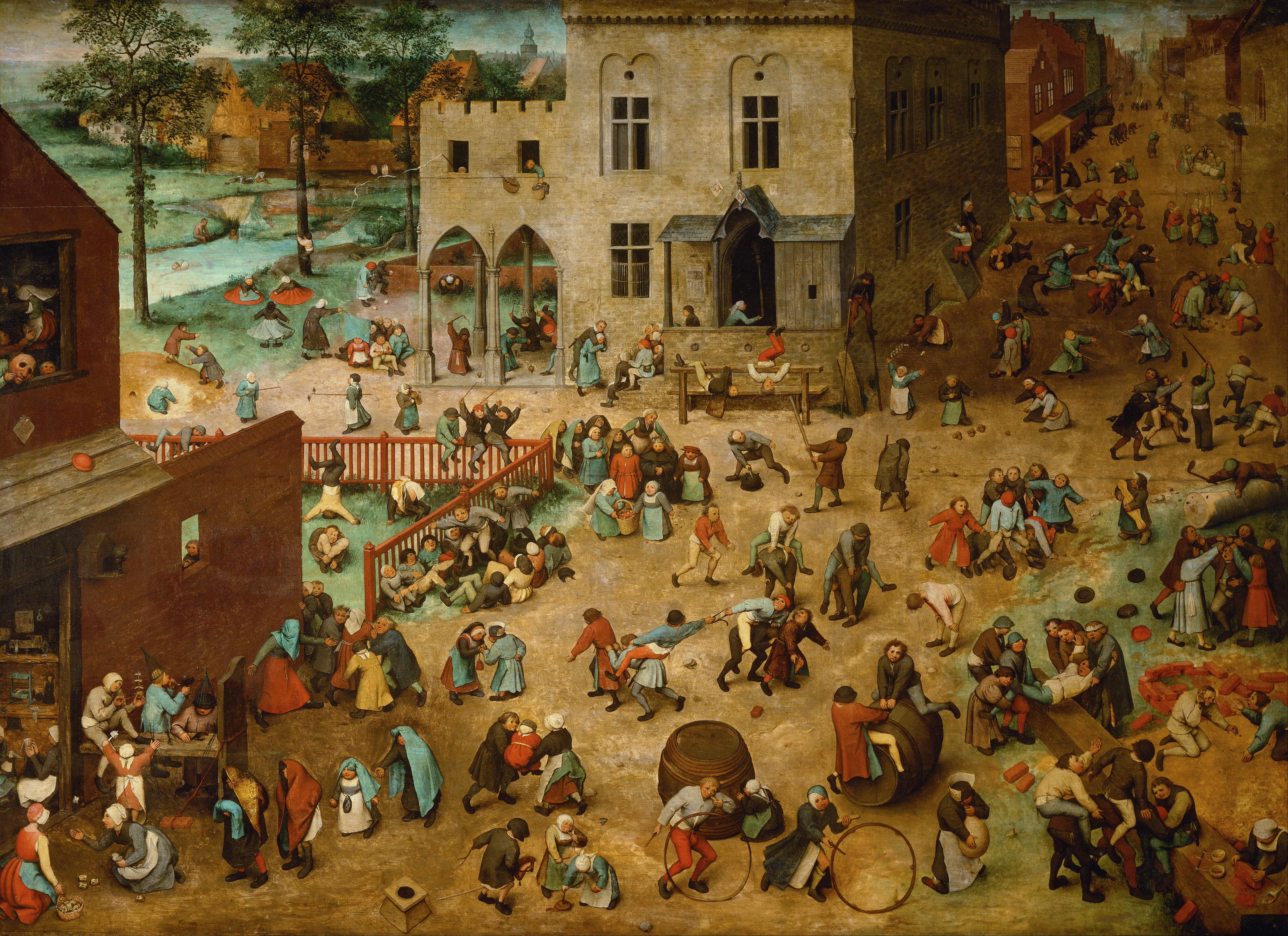 Historical oil painting by Pieter Brueghel the Elder in the public domain named Children's Games that shows a chaotic scene where many people are running around on a public street
