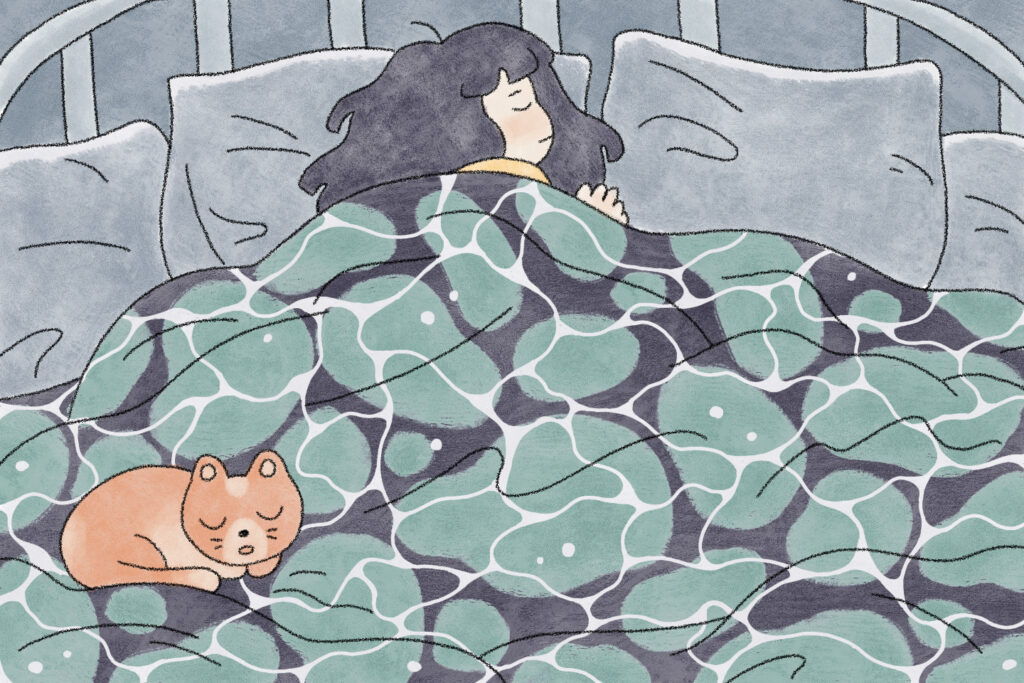 Artistic illustration of a person lying in a bed with a cat with bedsheets that look like the surface of an ocean